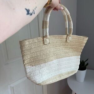 Natural straw beach tote bag with cream stripe